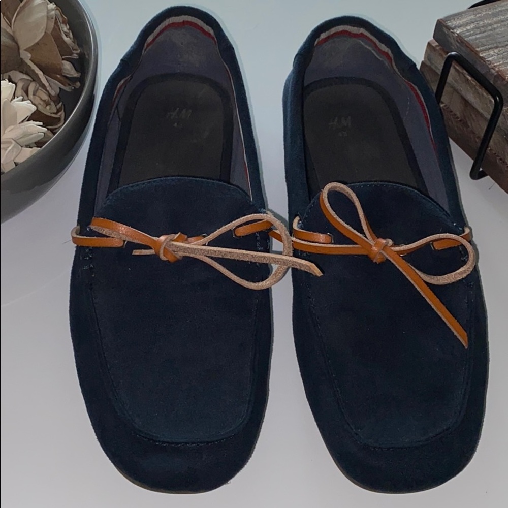 Blue suede loafers